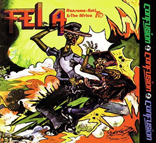 Fela Kuti’s “Confusion” vinyl album cover with illustrated figures and bold text.