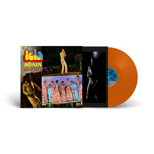 Fela Kuti “Excuse-o” vinyl record with orange disc and album cover.