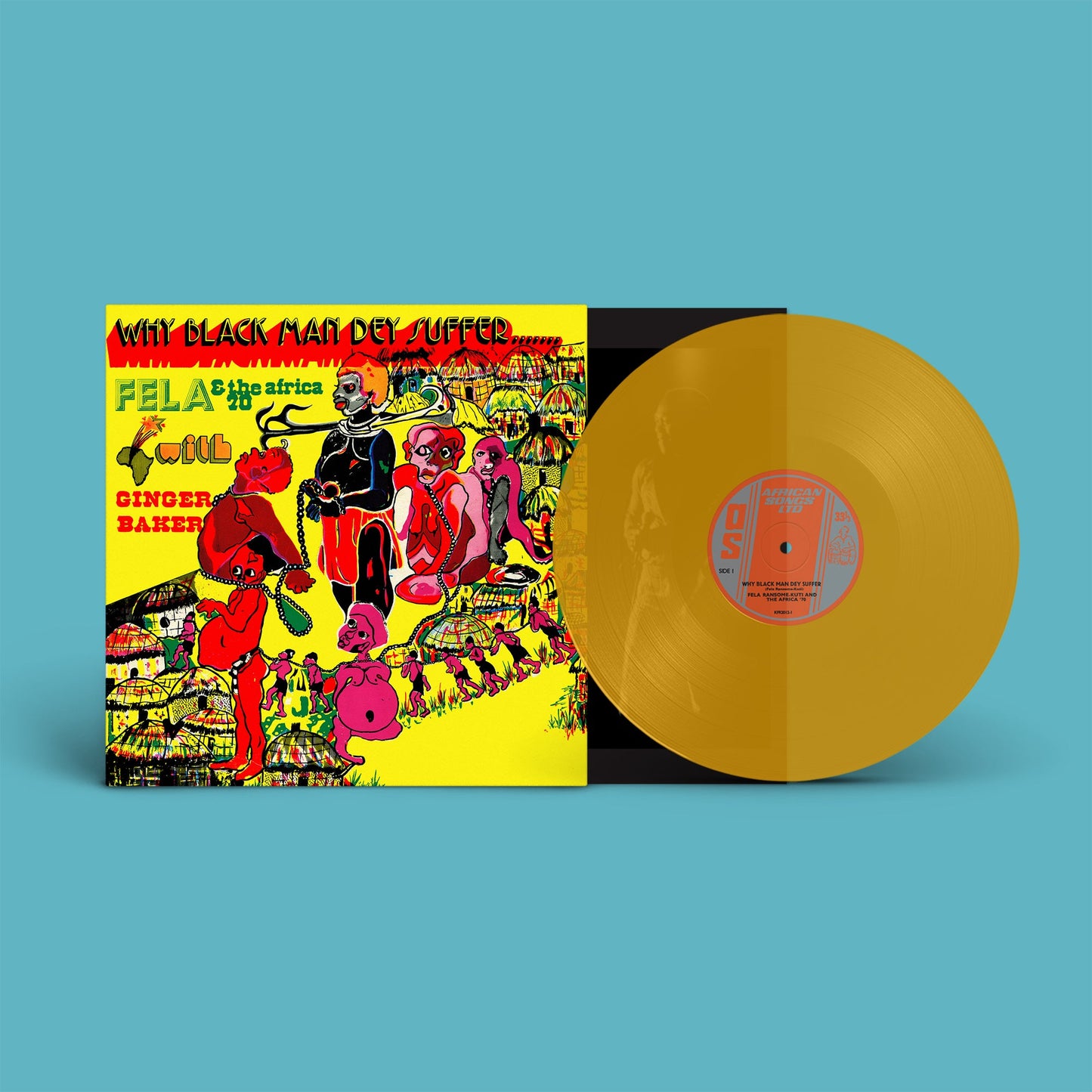 Fela Kuti vinyl record with colorful cover art and yellow disc.