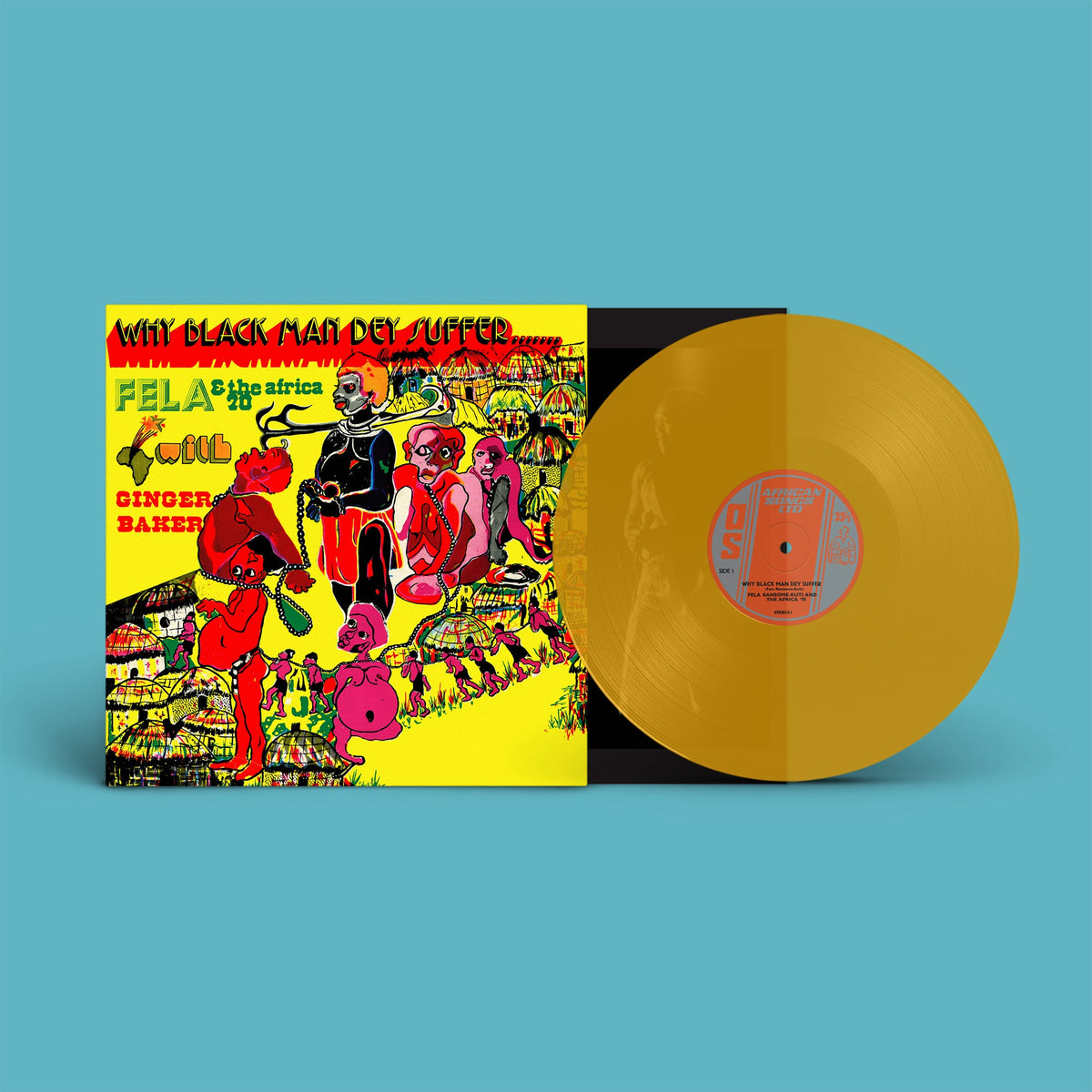 Fela Kuti vinyl record with colorful cover art and yellow disc.