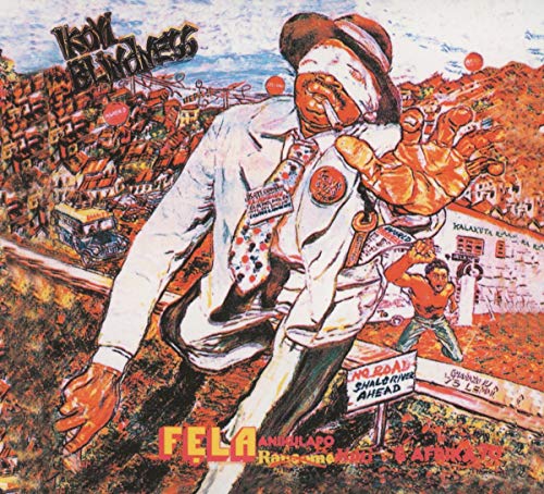 Fela Kuti album cover: man with bandaged eyes, city background.