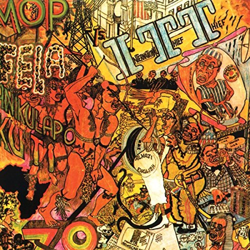 Fela Kuti’s “ITT” vinyl album cover, colorful collage of figures and text.