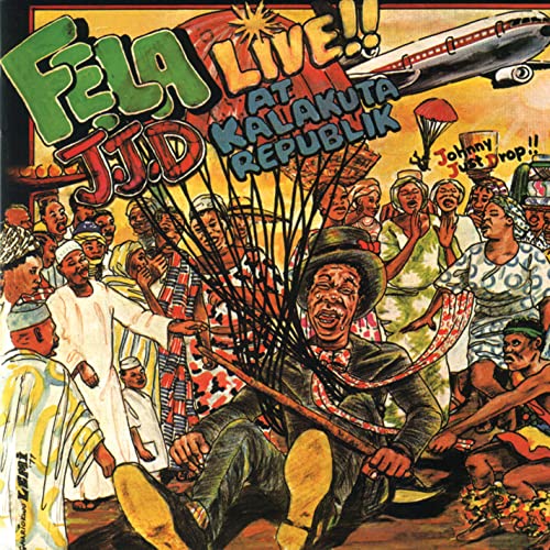 Fela Kuti album cover: colorful illustration of a crowd and musician.