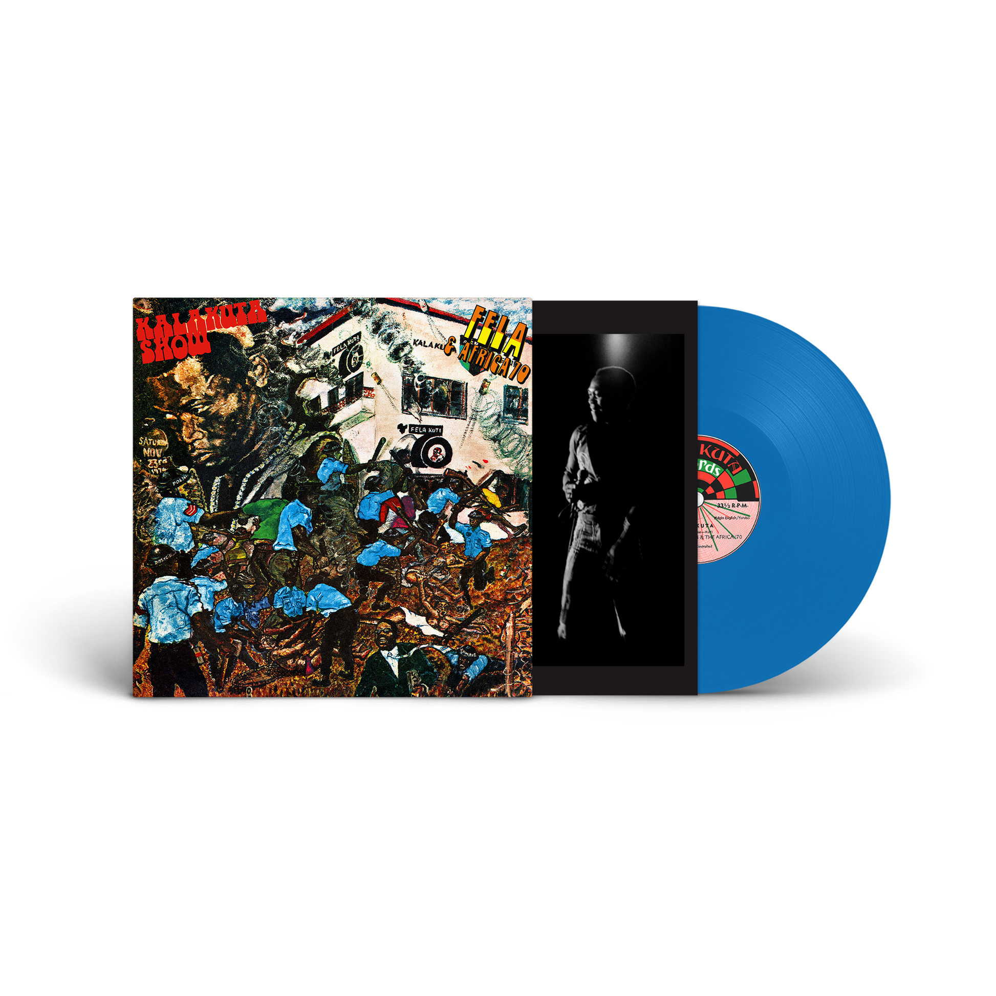 Fela Kuti “Kalakuta Show” vinyl record with colorful album art and blue disc.
