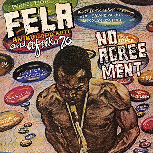 Fela Kuti vinyl album cover with a man and abstract background.