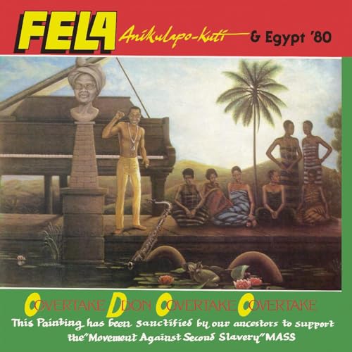 Fela Kuti album cover depicting people and a piano in a landscape.