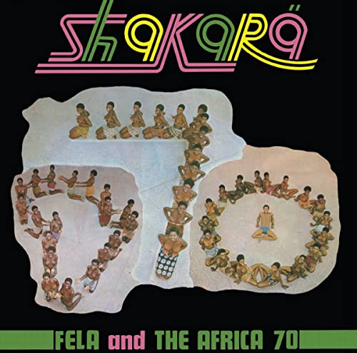 Fela Kuti’s “Shakara” vinyl album cover with figures in a circle.