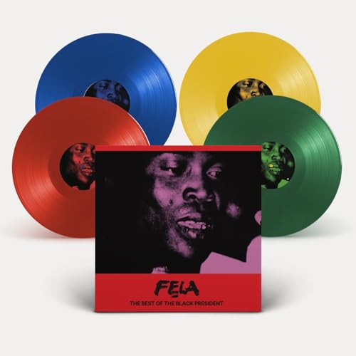 Fela Kuti vinyl record set with colorful discs and portrait cover.