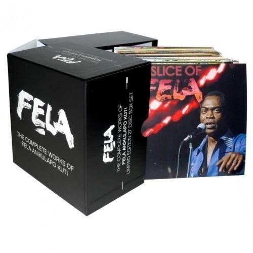 Black Fela Kuti CD box set with image of musician at microphone.