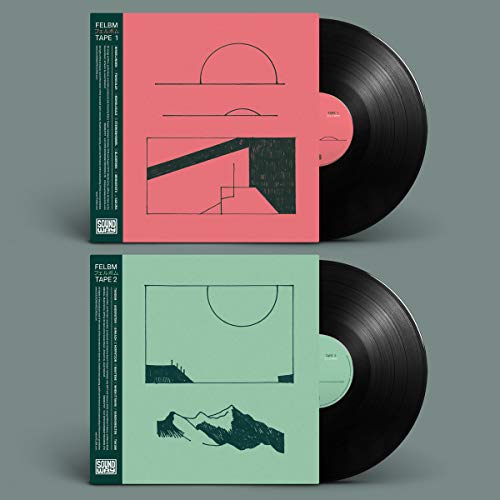 Two vinyl records with pink and green covers, featuring abstract designs and spines.