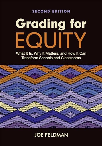 Book cover titled Grading for Equity by Joe Feldman with a colorful zigzag pattern.