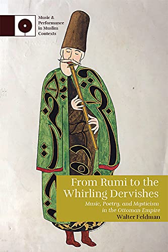 Book cover depicting a Whirling Dervish playing a flute, ornate green robe.