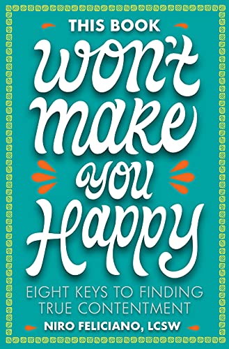 Book cover with teal background and white cursive title: "This Book Won't Make You Happy".