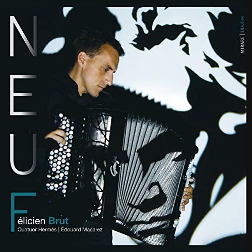 Man playing an accordion, with large white letters spelling "NEUF" on a dark background.