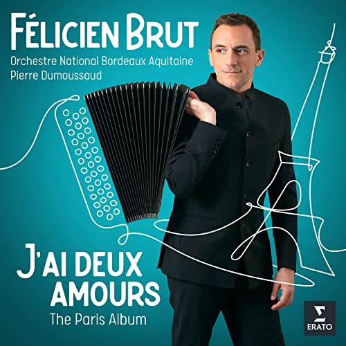 CD cover featuring Félicien Brut with an accordion and abstract line art.