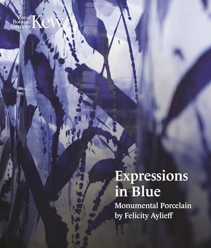 Book cover: abstract blue floral porcelain art, title “Expressions in Blue”.