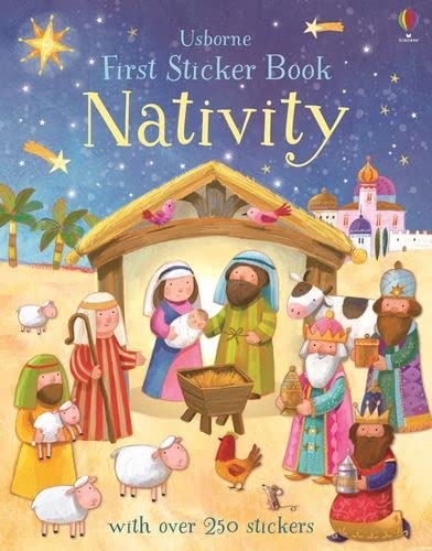 Nativity scene with Mary, Joseph, baby Jesus, and wise men; sticker book cover.