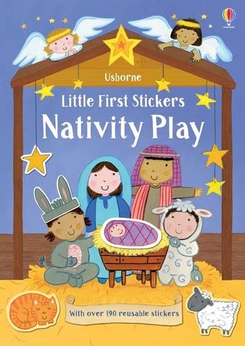 Nativity scene sticker book cover with Mary, Joseph, baby Jesus, and animals.