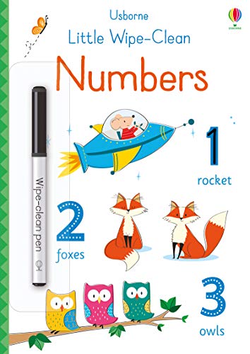 Wipe-clean number practice book with illustrations of animals and objects.
