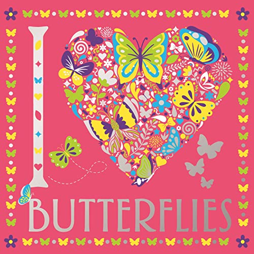 Bright pink heart shape filled with colorful butterfly illustrations and text.