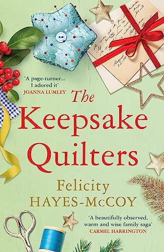 Book cover with quilt patch, gift, and sewing notions; title "The Keepsake Quilters".