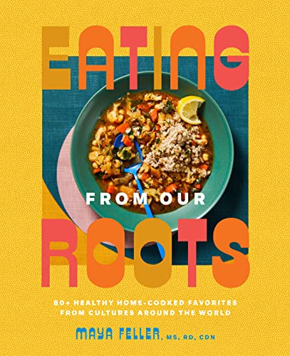 Cookbook cover with colorful text and a bowl of stew with grains.
