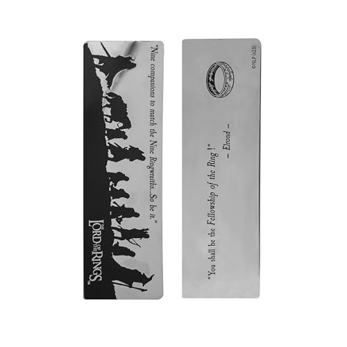 Silver metal bookmark featuring silhouettes of the Fellowship and the One Ring.