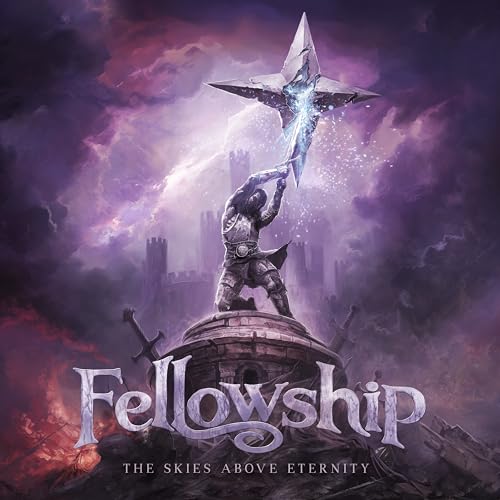 Fantasy album cover featuring a knight raising a glowing sword above a tower.