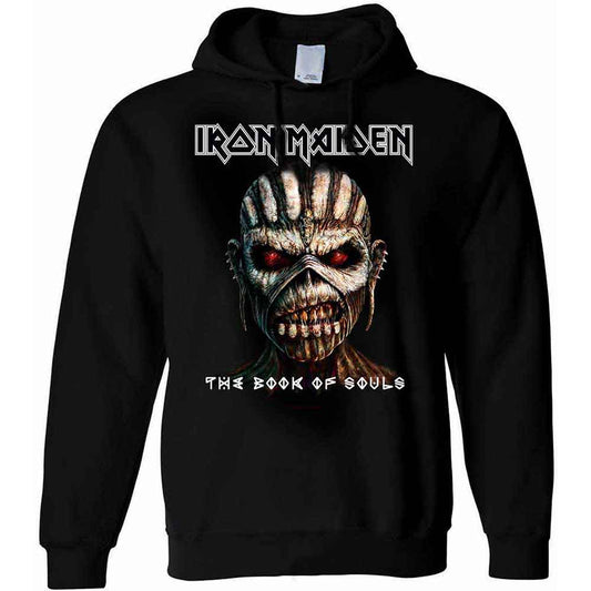 Man wearing a black Iron Maiden hoodie featuring Eddie and The Book of Souls.