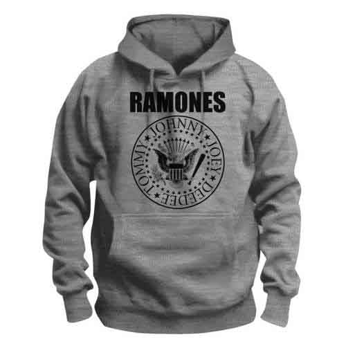 Black hoodie with Ramones and Presidential Seal graphic design.
