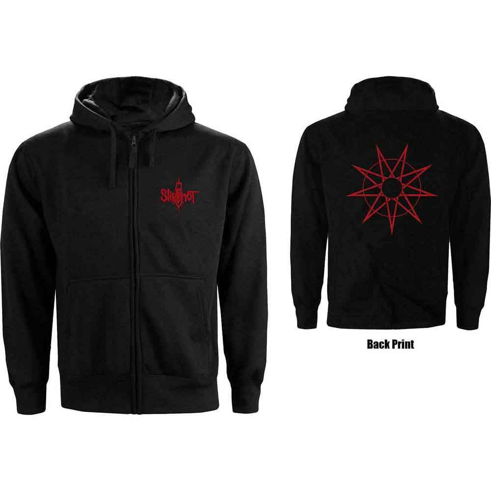 Black zip-up hoodie with red nine-pointed star design on back.