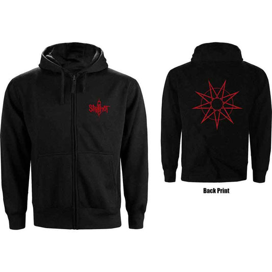 Black zip-up hoodie with red nine-pointed star design on back.