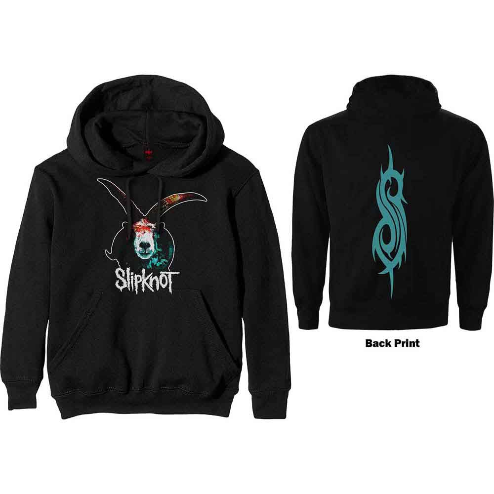 Black hooded sweatshirt with Slipknot band logo and goat graphic.
