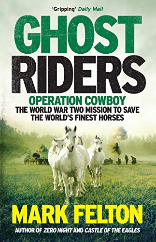 Book cover featuring white horses running through a field with soldiers and tanks behind.
