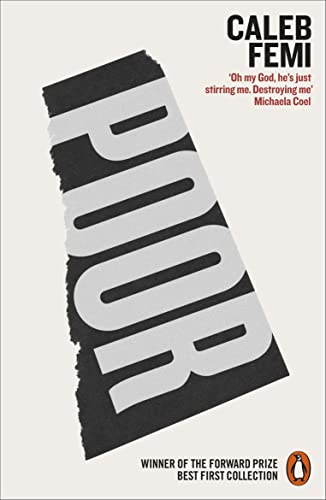 Book cover for "Poor" by Caleb Femi with bold, angled typography.