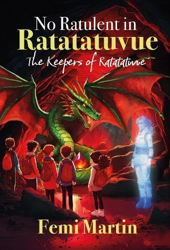 Book cover: dragon, children, and ghostly figure against a fiery landscape.