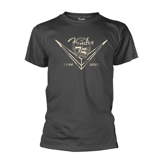 Black t-shirt with white and gold Fender 75th anniversary graphic.