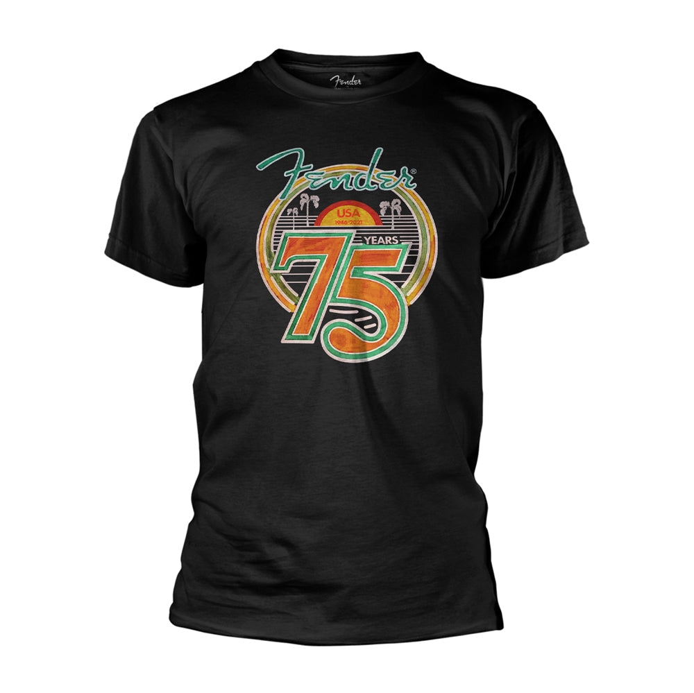 Black Fender t-shirt with colorful "75 Years USA" graphic design.