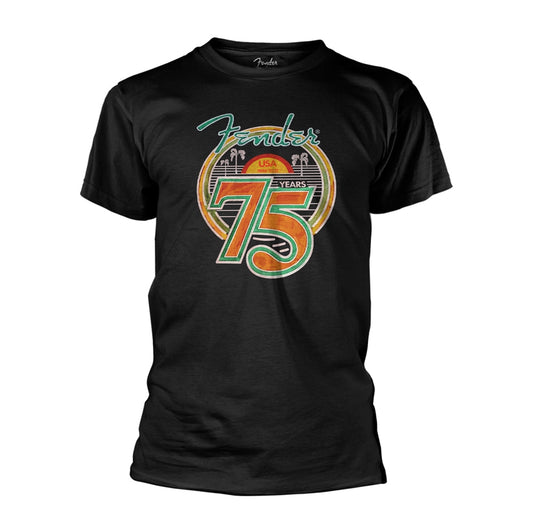 Black Fender t-shirt with colorful "75 Years USA" graphic design.