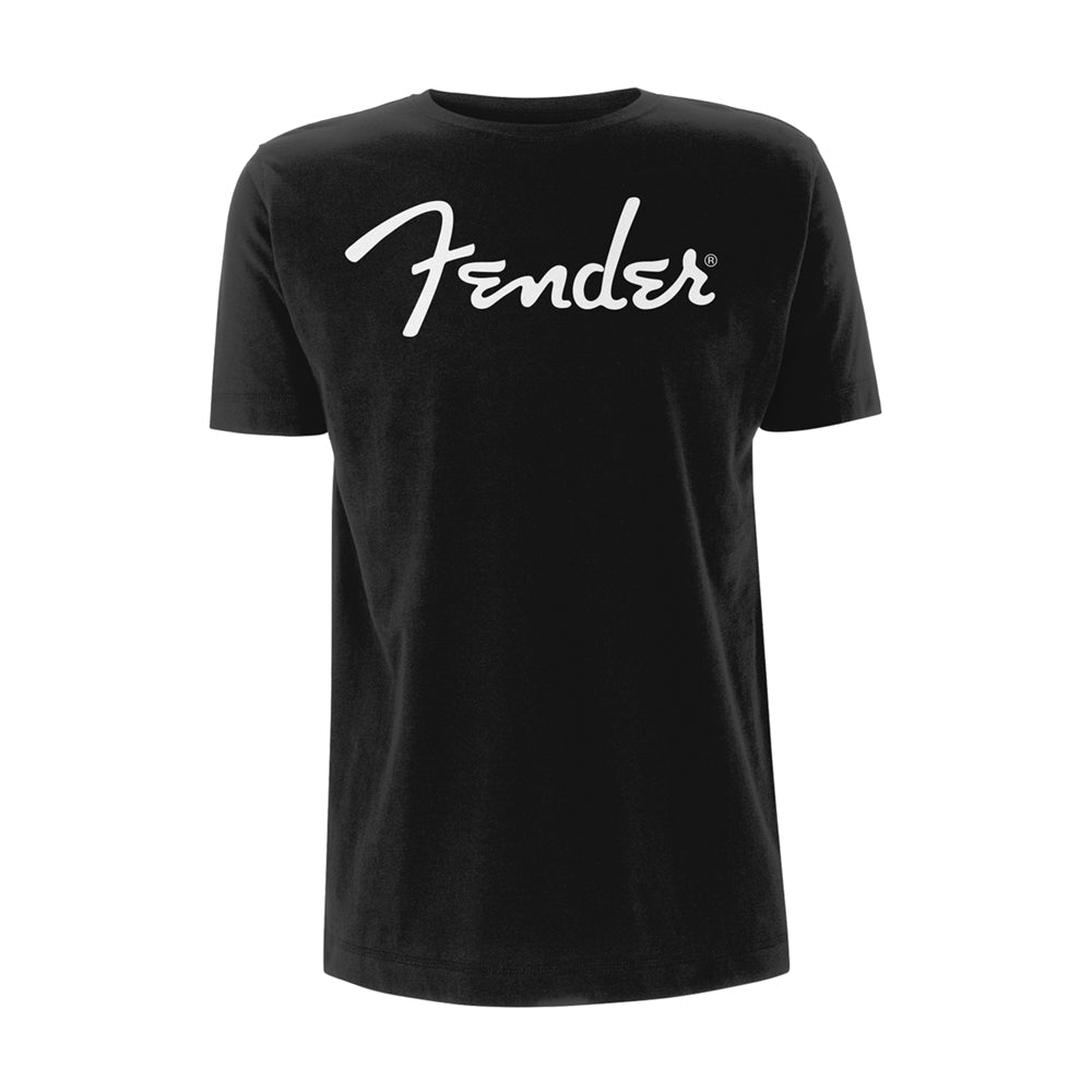 Man wearing a black t-shirt with a white Fender logo.