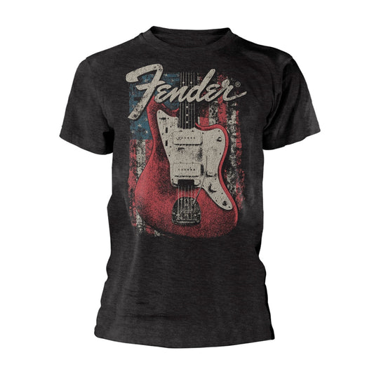 Grey Fender t-shirt with a red and blue guitar graphic.