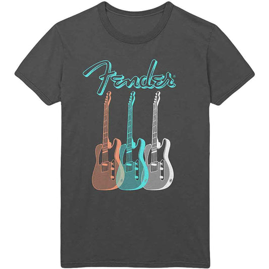 Grey Fender t-shirt with graphic of three stylized guitars.
