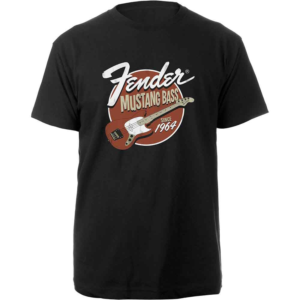 Black t-shirt with white Fender Mustang Bass graphic and logo.