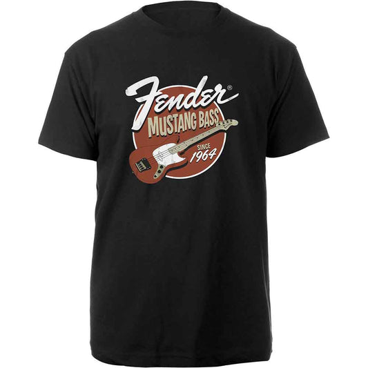Black t-shirt with white Fender Mustang Bass graphic and logo.