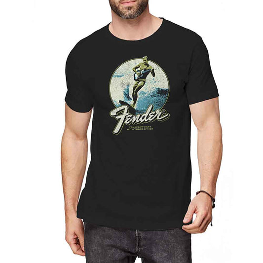 Black Fender t-shirt with graphic of a surfer playing guitar.