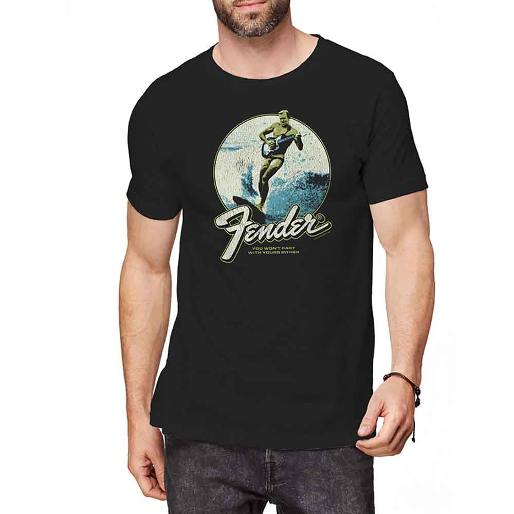 Black Fender t-shirt with graphic of a surfer playing guitar.