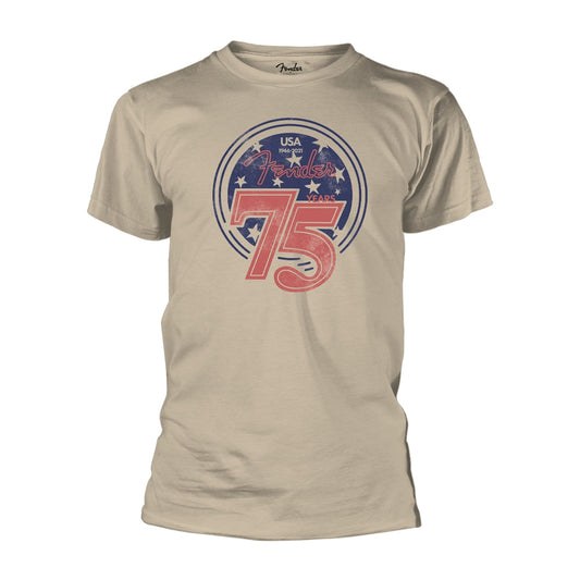 Tan t-shirt with a red, white, and blue "75 Years" Fender graphic.