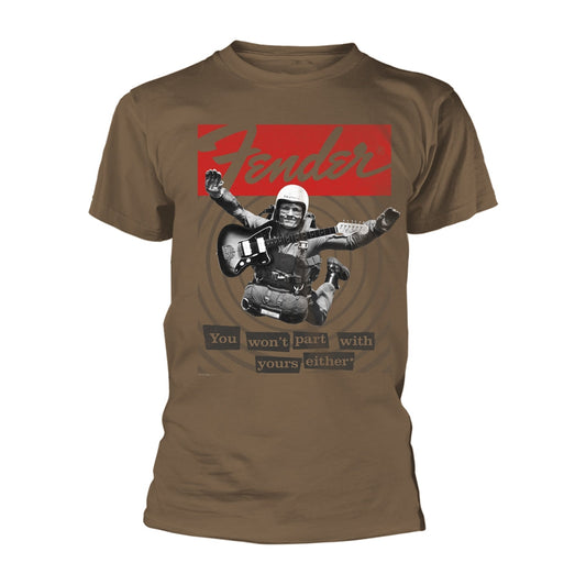 Brown Fender t-shirt with graphic of astronaut playing guitar.