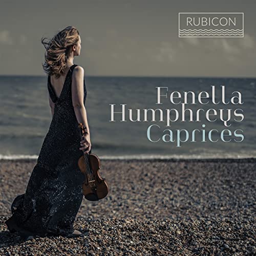 Woman with violin on beach, CD cover for Fenella Humphreys’ Caprices.