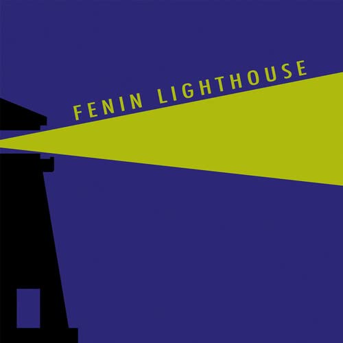 Dark lighthouse silhouette with a bright yellow beam on blue background.